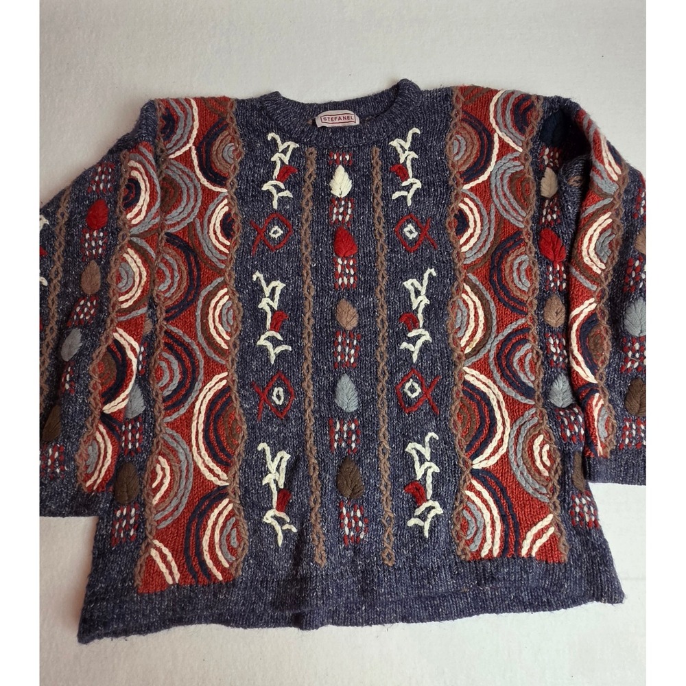 Vintage 90s Stefanel Italy 3D Textured Knit Sweater Coogi Style Grandpa XL 95